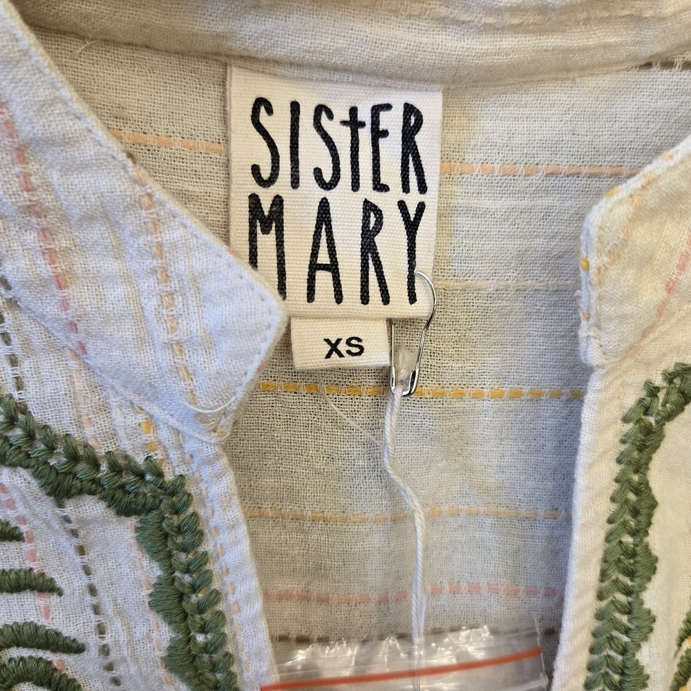 Sister Mary Lizette Embroidered Blouse Ivory Green Cotton Top Floral XS NWT - Picture 3 of 9